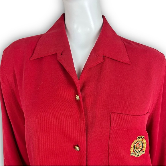 NWOT LAUREN RALPH LAUREN Vtg Embroidered Crest Roll Tab Silk Button Up Shirt Red - Picture 4 of 14